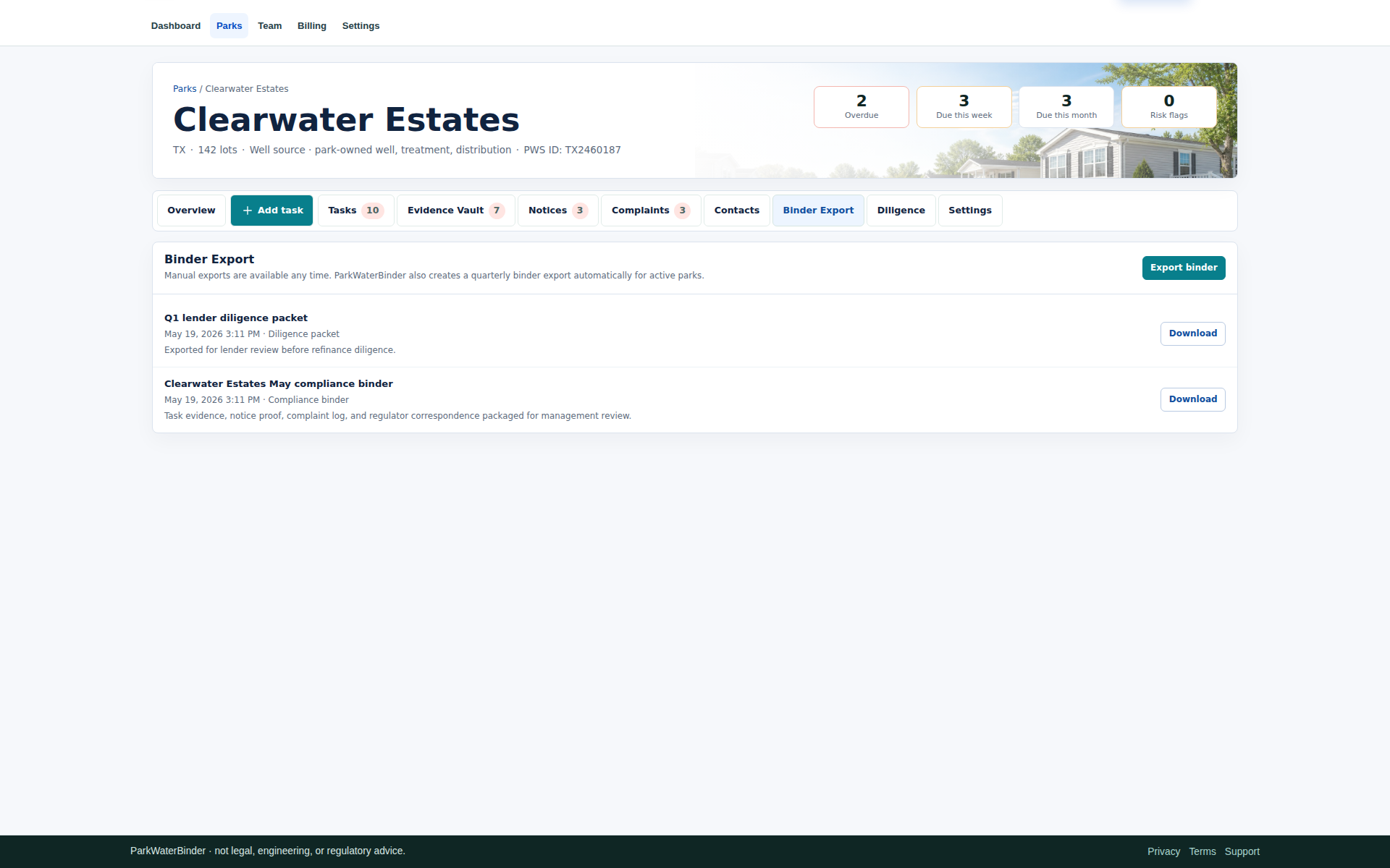 Binder export dashboard with readiness score, export history, document counts, and conservative gap notes.