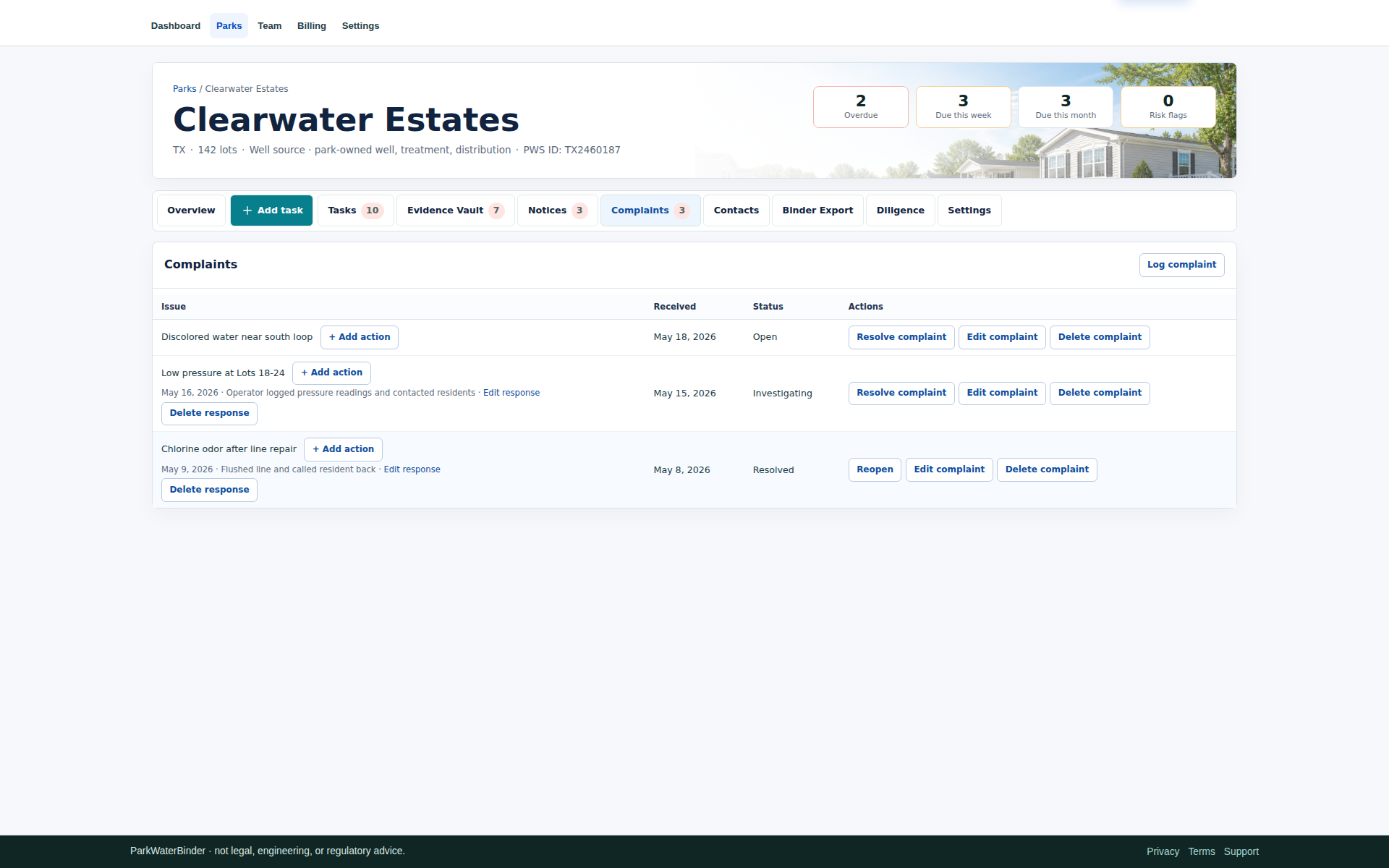 ParkWaterBinder complaint table with issue status, response actions, evidence links, and resolution controls.