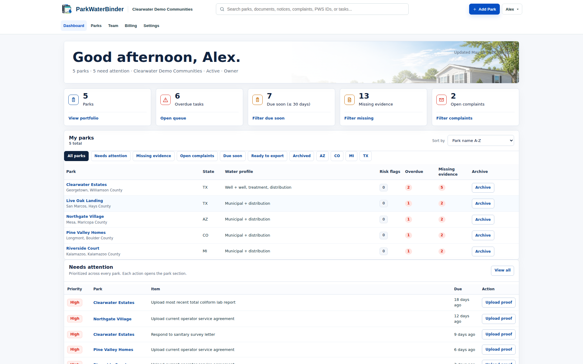 ParkWaterBinder portfolio dashboard with park KPIs, missing evidence counts, and a prioritized needs-attention queue.